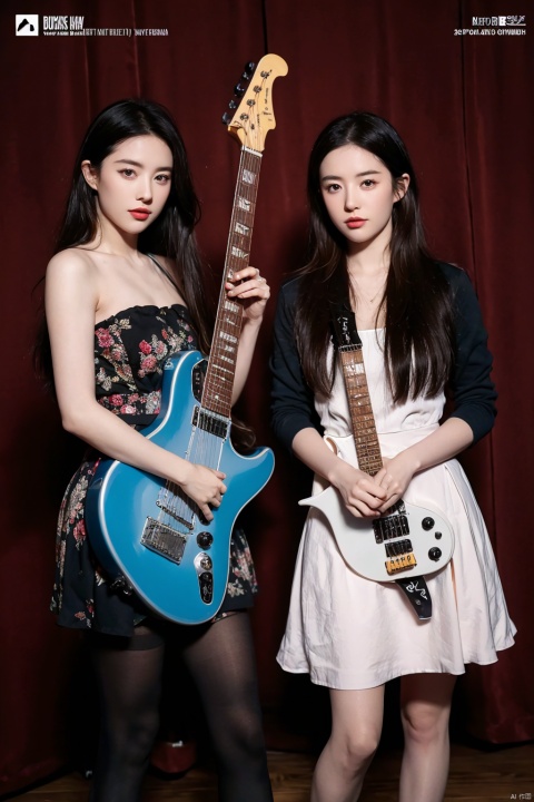 two girls, electric guitar of Rune text motif, electric guitar of Gaelic text motif