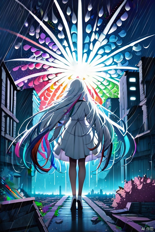 dark theme, highres, masterpiece, top quality, best quality, official art, (beautiful and aesthetic:1.2), (colorful:1.3), (1girl), standing, from behind, white hair, long messy hair, colorful inner hair, white collared dress, (moist skin), moon, (explosion of colors:1.4), fractal art, rain, night abandoned city, depth of field, dim lighting, dramatic