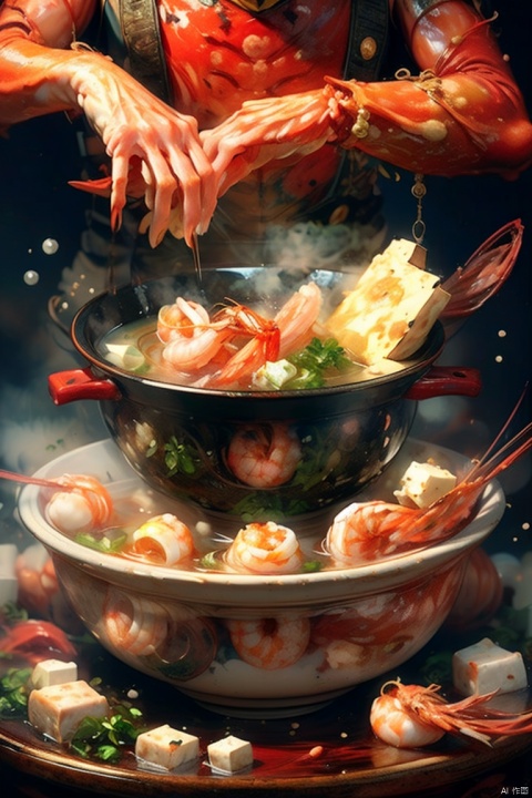 A bowl of Tom Yum Gong hot pot, with shrimp, tofu cubes, coriander, fish balls, tofu bubbles