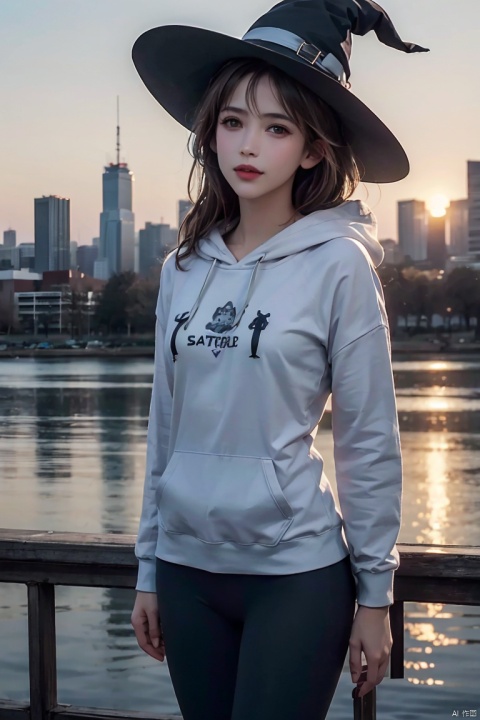  photo of 22 year old beautiful woman wearing casual shirt with a hoodie and leggings standing in front of a city skyline at sunrise, messy medium hair, slim body, medium upper body shot, looking at the camera, short smile, shallow depth of field, 8k uhd, dslr, soft lighting, high quality, photorealistic, realism, hyperrealism, art photography，slime (creature) in a witch's hat, white (substance)