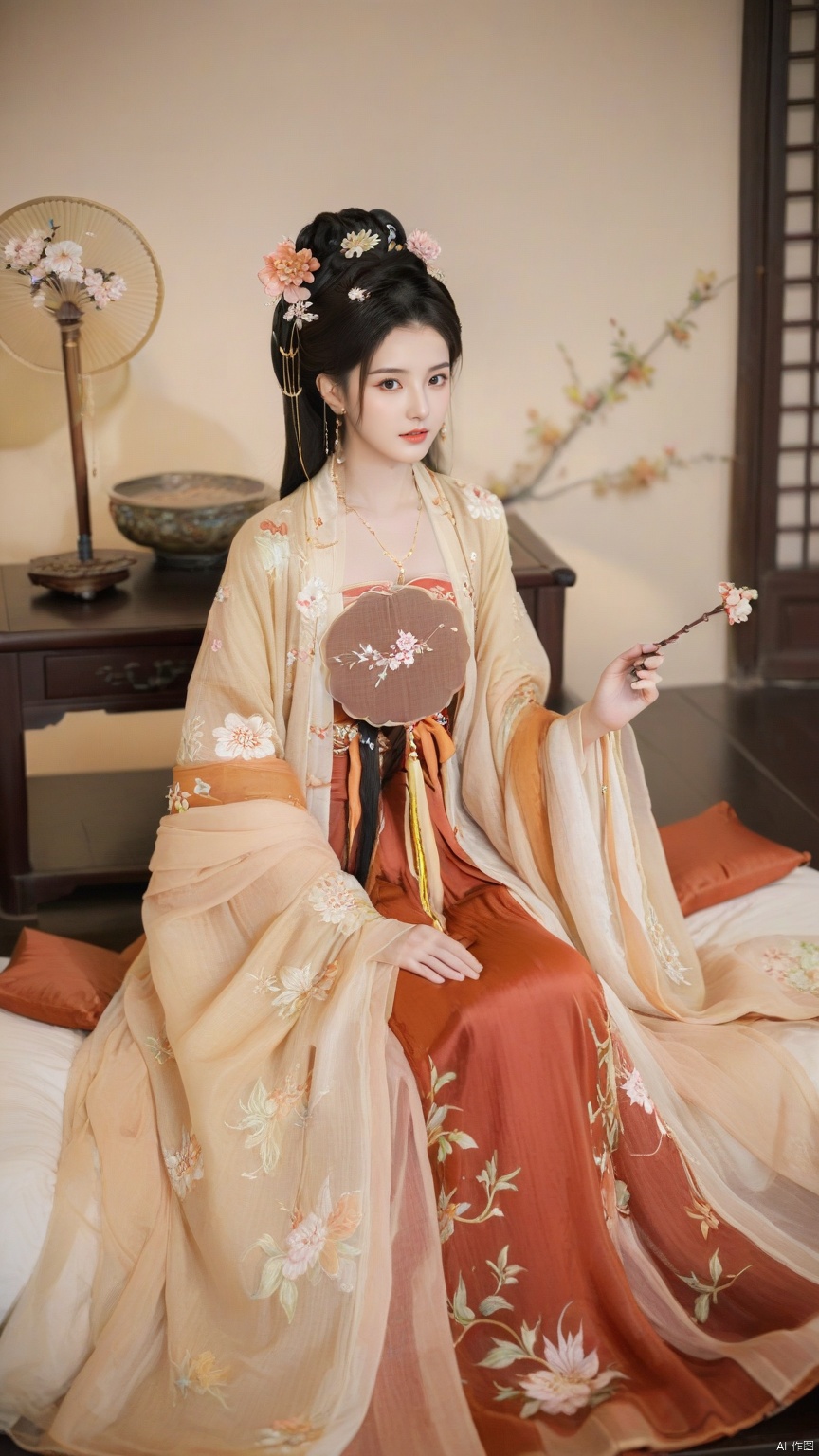  1girl, solo, long hair, black hair,Hairpins,necklace, hair ornament, long dress, full body, flower, earrings, indoors, hair bun, hanfu dress,(Tube top Hanfu long skirt:1.1),(Hand holding fan:1.2), pillow, bed, night, chinese clothes, table, branch,daxiushan, ,daxiushan style,(huge breasts:1.7), (full breasts), realistic,hanfu, daxiushan,Shoulders are exposed,daxiushan, arien_hanfu