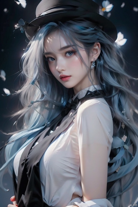 light_blue_hair, light_blue_eyes, light_blue_halo, beautiful_hair, beautiful_eyes, 1_beautiful_girl, cute_face, beautiful_face, beautiful, best_quality, good_anatomy, black_top_hat, black_tuxedo, bow_tie, black_slacks, white_shirts_oficial, hold_cane