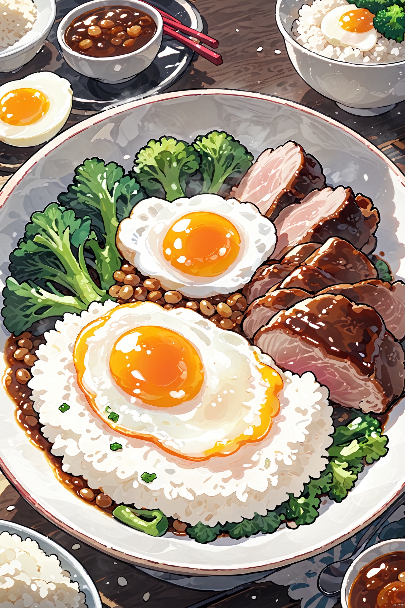 animation,animation,high quality,high resolution,rice bowl,fried egg,braised pork,diced radish,beans,rice,broccoli