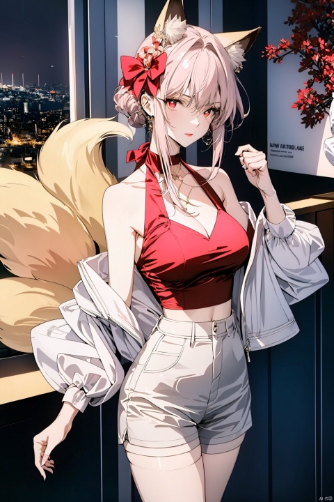 dynamic angle, wide shot, ((Pink light:1.2)), mature female, light pink hair, red crimson  eyes, fox ears, red fox tails, ((night:1.2)), cowboy shot, ((red and pink atmosphere:1.0)), glowing fox tails, ((9 tails:1.2)), red body glow, beautiful face, masterpiece, best quality, extremely detailed cg unity 8k wallpaper, high-quality, ultra-detailed, depth of field, illustration, beautiful detailed wallpaper, accurate anatomy to hands and fingers, mksks, Art Style 2.0, starrystarscloudcolorful, lora:more_details:0.5