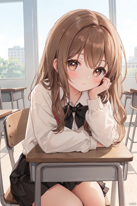 classroom, blackboad, desk, chair, Windows, light_brown_hair, beautiful_hair, brown_eyes, beautiful_eyes, 1_beautiful_girl, cute_face, beautiful, best_quality, good_anatomy