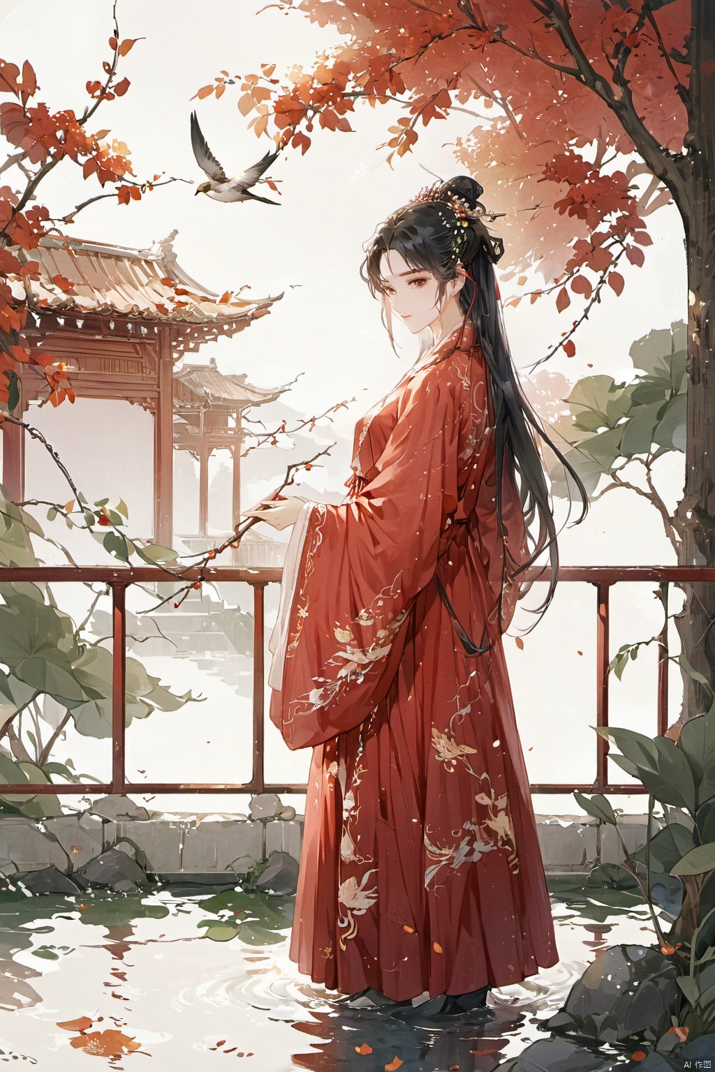  1girl, solo, long hair, black hair, hair ornament, long sleeves, dress, holding, closed mouth, standing, full body, outdoors, water, hair bun, from side, tree, bird, leaf, chinese clothes, red dress, single hair bun, building, railing, branch, architecture, east asian architecture, hanfu