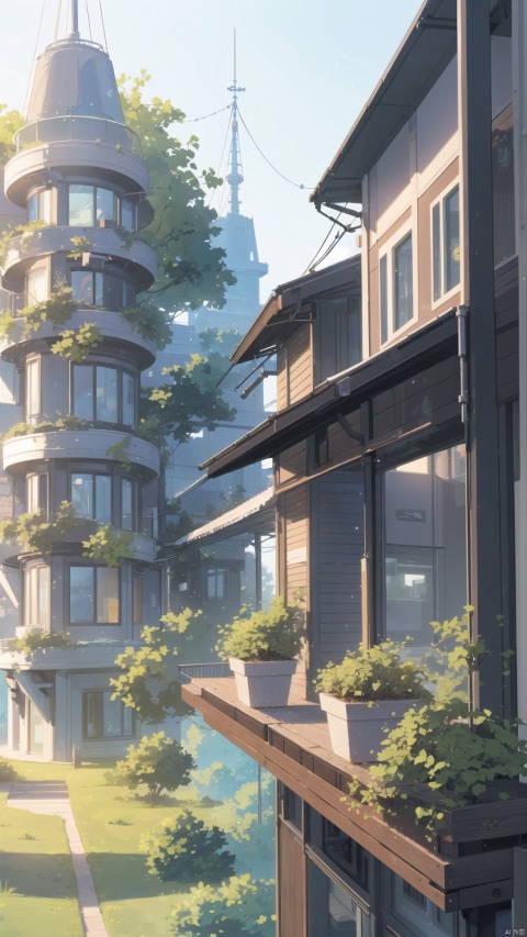 beautiful happy picturesque charming organic futuristic sci - fi city integrated in nature. water and plants. beautiful light. grainy and rough. soft colour scheme. beautiful artistic vector graphic design by lurid