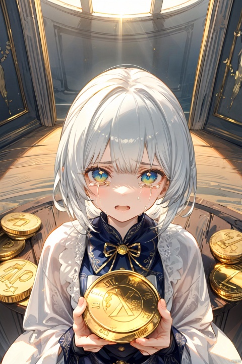 Art Photo,a photograph of a crying young woman plastered with dollar gold coins,overhead shot,dazzling sunlight,intricate,flashy,translucent,medium scene,grotesque art style,extremely creative,simple and mysterious,high quality,8k
