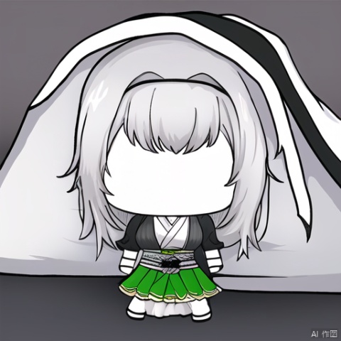  under-covers,blanket,1girl, solo, chibi, liuying, 1girl, black jacket, white shirt, green skirt, silver hair, white hair