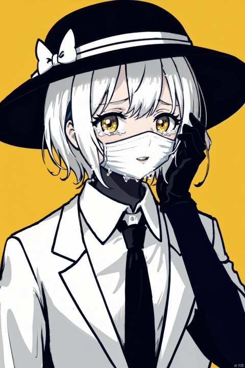 1boy, 1girl, collared_shirt, crying, crying_with_eyes_open, gloves, greyscale, greyscale_with_colored_background, hand_on_another's_head, highres, mask, monochrome, nai0524, parted_lips, shinzaki_kuon, shirt, short_hair, simple_background, sniper_mask_(tenkuu_shinpan), spot_color, suit, tears, tenkuu_shinpan, trilby, upper_body, yellow_background, yellow_eyes, autoappealing, autoappealingdb, best quality, masterpiece, nai3