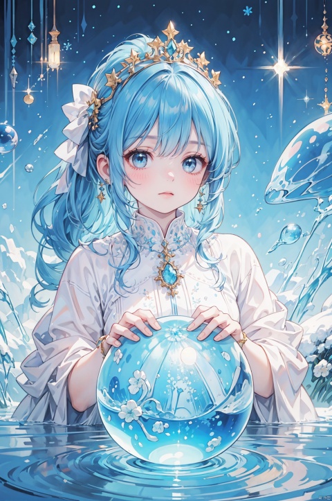  a bird,tiara，holy light，masterpiece,best quality,8K,wallpaper,depth of field,a girl,solo,blue hair,water magic,magician,black hair accessories,jewelry,hair ornament,staff,(beautiful detail light blue crystal ball:1.2),low ponytail,night,long hair,winter,drop earring,close up