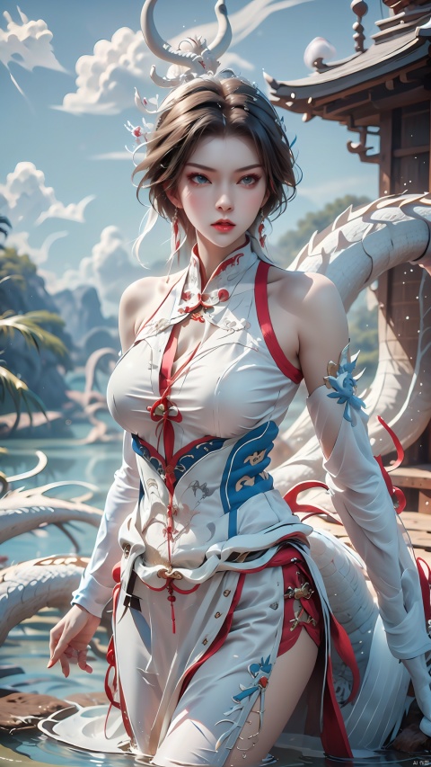  1girl,Wide angle lens,Blue tight fitting clothes,Short hair,bare shoulders, outdoor, blue hair, sky, solo, Blue eyes, earrings,wading, (white dragon), (\long yun heng tong\)