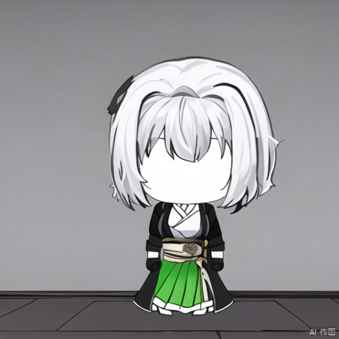  under-covers,blanket,1girl, solo, chibi, liuying, 1girl, black jacket, white shirt, green skirt, silver hair, white hair