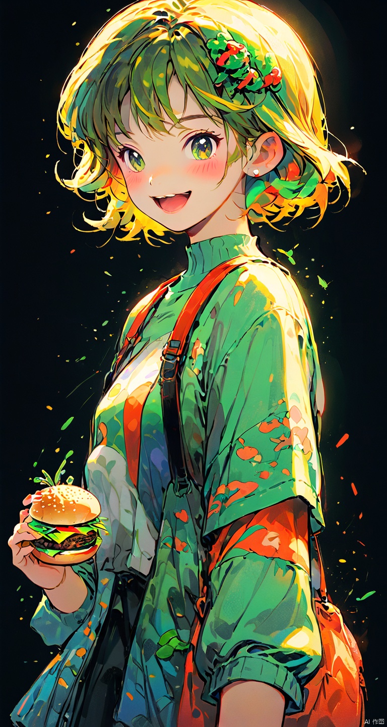 1girl,burger color,beautiful girl,frog,open mouth smile,side light,light particles,avatar