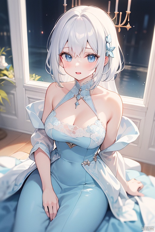White-haired princess in a light blue dress,woman with light blue eyes,white skin,elegant,royalty,holy,beautiful,young