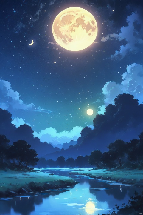 A painting of a river with stars and moon in the sky,concept art inspired by Tosa Mitsuoki,pixiv contest winner,best quality,fantasy art,beautiful anime scene,a bright moon,moonlit starry environment,dream painting,Anime Background Art,Fantasy Landscape Art,Fantasy Night,Anime Background,Background Artwork,Fantastic Art,Atmospheric Anime,Starry Sky,Detail Enhanced.