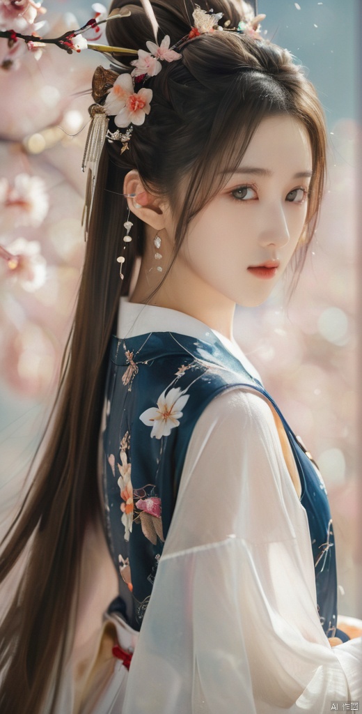 (((best quality))), ((ultra-detailed)), ((an extremely delicate and beautiful)), ((16k)), realistic, hd, cgi, gleaming hair, gleaming skin, gleaming clothes, flower background, watercolor, reflection, highlight and shadow, ray tracing, dynamic angle, 100+ cherry blossoms, scatter petals, vivid detailed floral pattern kimono, back shot, looking at viewer, asuna ba, light brown hair, blue eyes, very long hair, hair over one eyes, halo, white shirt, pleated skirt, blue bowtie, school uniform, highleg leotard, blue leotard, playboy bunny, fake animal ears, bunny ears, bow, detached collar, thighband pantyhose