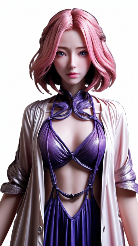 (White Background),(Beautiful Detail Face),High Contrast,(Best Lighting,Extremely Delicate and Beautiful),(Cinematic Light),Bright Colors,Hyperdetail,Intricate Detail,Standing Painting (1 Girl,Solo,Front,Pink Hair,Sharp Face,Short Hair,Fluorescent Long Coat (Broken Glass),Workwear Costume,Red Eyes,Hair Between Eyes),Shimmer Swirling Around Character,Purple Light Particles,Magic Circle