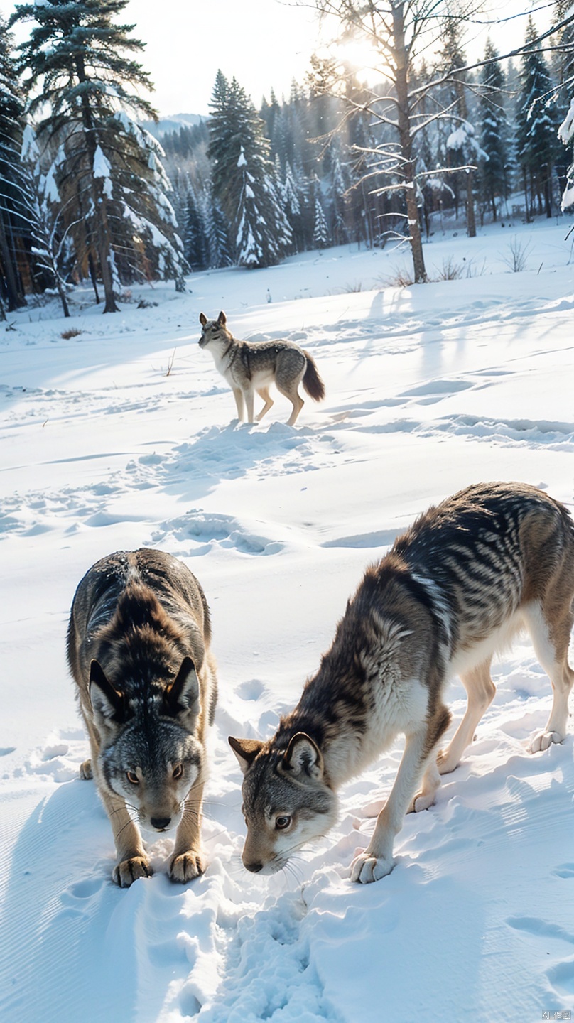 In the harsh winter season, when the ground is covered with snow and the trees are leafless, the hunt for hares by hungry wolves becomes especially difficult and dangerous. Wolves gather in packs to hunt together. They search for prey by circling their hunting grounds.
Wolves hunt hares at dusk or dawn, when the hares come out to look for food. Wolves wait patiently for their prey, hiding behind trees or in bushes. When a hare appears, wolves attack it, trying to take it by surprise.
If the hare tries to escape, wolves chase it over snowdrifts and other obstacles. Sometimes wolves trap a hare to share the prey with other pack members.
Hungry wolves hunt hares to survive the harsh winter., starrystarscloudcolorful