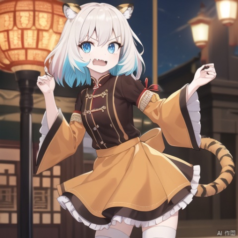  1girl, solo, looking_at_viewer, sad, skirt, thighhighs, long_sleeves, dress, animal_ears, blue_eyes, tail, full_body, long white with silver hair, multicolored_hair, food, fang, wide_sleeves, apron, fox_ear_fluff, bell, fangs, frilled_dress, frilled_sleeves,single_thighhigh, white_apron, frilled_apron, new_year, brown_skirt, brown_dress, claw_pose, tiger_ears, chinese_zodiac, tiger_tail, orange_\(fruit\), tiger, mandarin_orange, 2022, egasumi, tiger_girl, year_of_the_tiger, white_tiger,(masterpiece), (best quality), ((ultra-detailed)), A Pixar 3D showcasing coexisting harmoniously amid lush greenery, (crystal glowin on hand), eyesseye,standing,formal hands,