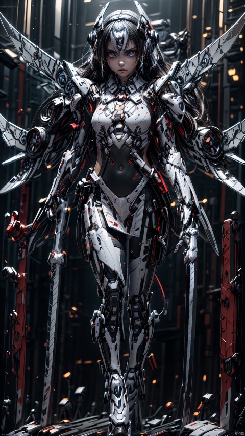  Masterpiece-level best_quality, concept artwork, a lonely solo girl, horn,,, centipede-like tentacles wrapped around, wearing red PVC shell, mechanical exoskeleton device equipment, creating avant-garde andterrifyingvisualeffect.,32k,,twolegs,Sideface,, , BY MOONCRYPTOWOW,HALO,PHYCHEDELIC,CYBERPUNK ROBOT,COMPLEX ROBOT, tianqi, white_hair,blue_eyes, white dress,((Mechanical wings)),high heels,fly, Pink Mecha, Mecha，( an extremely delicate and beautiful, ultra-detailed, perfect anatomy, ultra-detailed, beautiful detailed eyes, super detailed skin, high resolution, extremely detailed CG, unity 8k wallpaper, dynamic lighting, cinematic lighting, an extremely delicate and beautiful, textile shading, caustics, sharp focus, perfect hands, dynamic angle, dynamic angle, perfect hands, perfect fingers), (1female, black hair, long hair, sharp eyes:1.5, villain face, black eyes, white coat, holding ominous sword with both hands:2.0, thrusting her sword at viewer:2.0, stabbing her enemy:2.0, dynamic action:2.0), (total dark:2.0), (realistic ultra details), (realistic ultra details)