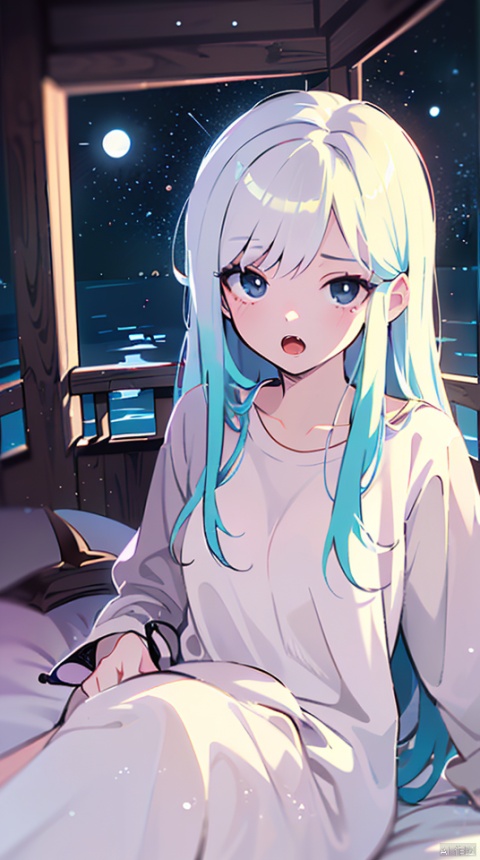 Brilliant Colorful Paintings, illustration,ligne claire,(dreamy),(colorful:1.3),perfect composition, Original Characters, ((((Yawn))), comfutable, Cute Fangs, Windswept Disheveled White Hair, Girl In Loose Pajamas, Sitting On Bed With Soft Pillows, Behind is A Huge Moon And A Sea Of Stars, (Long white Hair:1.1), (close Eye), Masterpiece, Natural Volumetric Lighting And Best Shadows, Deep Depth Of Field, Sharp Focus, Portrait Of Stunningly Beautiful Petite Girl, Soft Delicate Beautiful Attractive Face With Alluring Black Eyes, Lovely Small Breasts, Sharp Eyeliner, Bloom, Picturesque