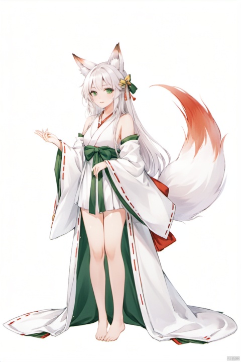  (masterpiece),(best quality),1girl, animal_ears, bare_legs, barefoot, detached_sleeves, fox_ears, fox_tail, full_body, green_eyes, hair_ribbon, japanese_clothes, long_hair, looking_at_viewer, miko, ribbon, ribbon-trimmed_sleeves, ribbon_trim, simple_background, solo, tail, very_long_hair, white_hair, wide_sleeves