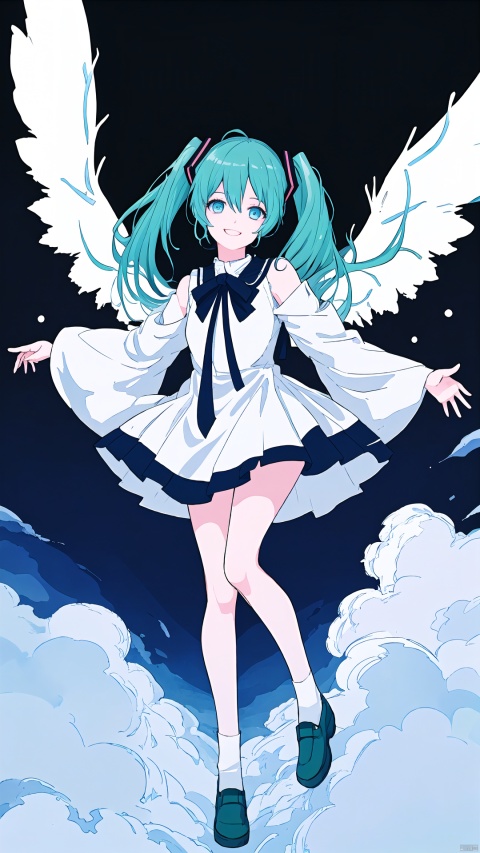 {best quality}, {very aesthetic}, {ultra-detailed}, {best illustration}, {anatomical model}, {realistic}, Fantastic, dramatic lighting, blurring the surroundings, 1girl, full body, {{Hatsune Miku}}, blue-green hair, face forward, smile, blue glowing eyes, arms outstretched, legs together, floating in the air, she has 6 wings, white transparent dress, lora:more_details:1