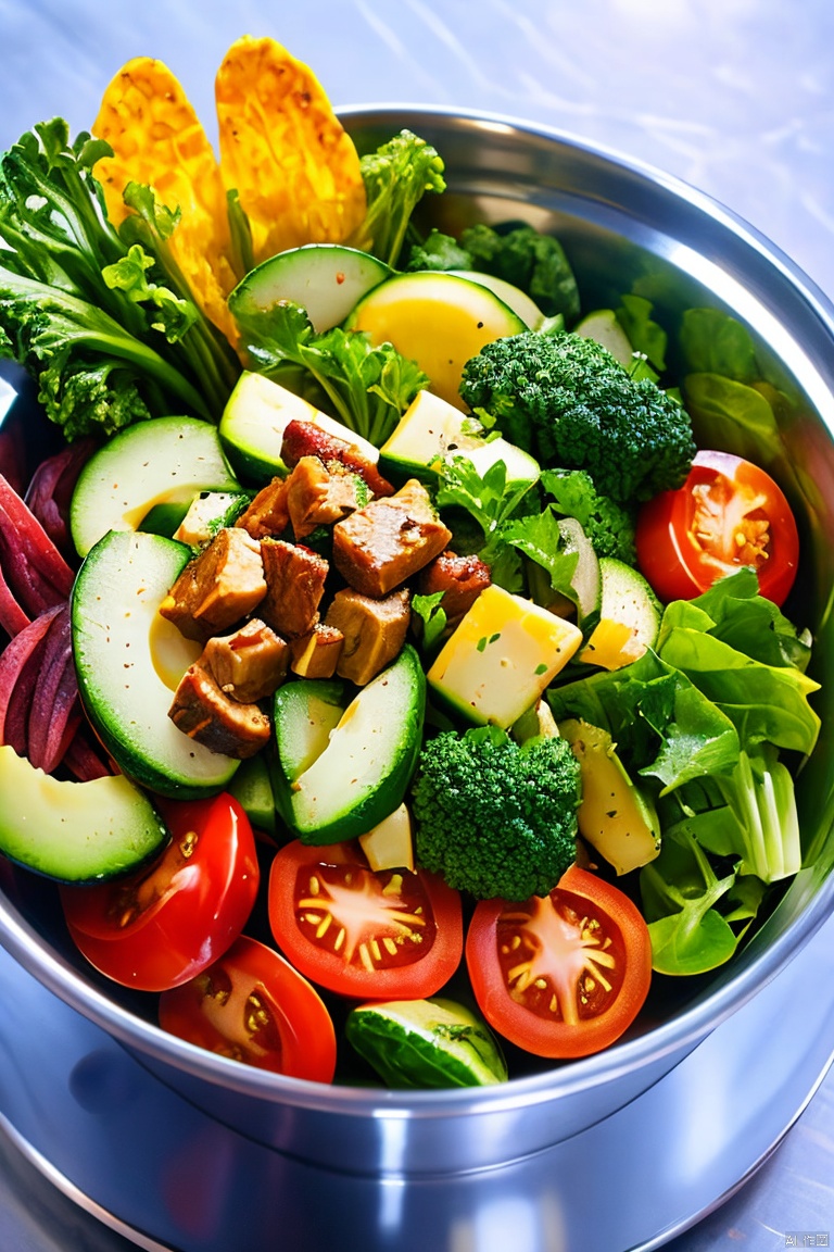 Natural food for dogs,in a stainless steel bowl,full of vegetables,greens,fruits and meat