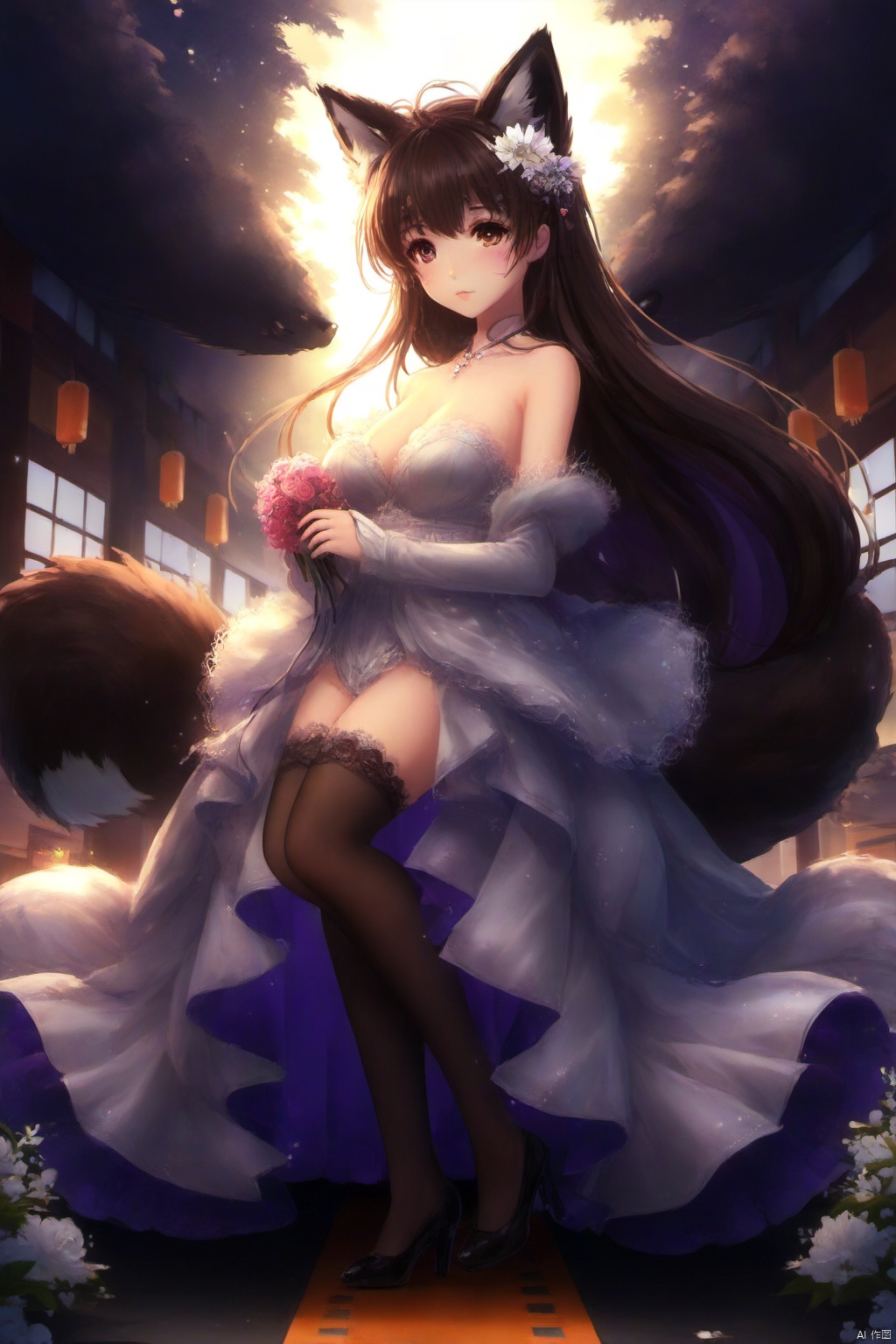   best_quality, extremely detailed details, loli,under_age,1_girl,solo,((full_body)),cute_face,pretty face,extremely delicate and beautiful girls,(beautiful detailed eyes), purple_eyes,((brown_and_black_hair)),brown_hair,long_hair,lip,fox_girl,fox_tail,nine_tails,big_tails,bare_feet,
amagi-chan_(azur_lane), (jpenese_wedding,Japanese wedding attire,see_through_clothes)),