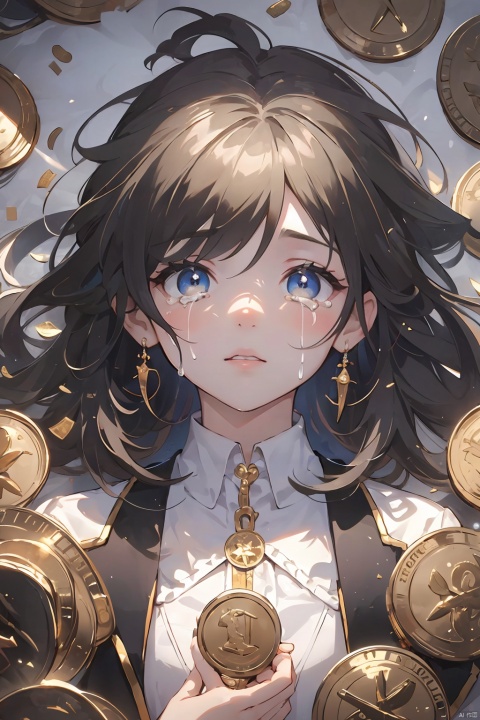Art Photo,a photograph of a crying young woman plastered with dollar gold coins,overhead shot,dazzling sunlight,intricate,flashy,translucent,medium scene,grotesque art style,extremely creative,simple and mysterious,high quality,8k