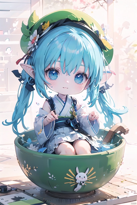(a small doll with a green triangular hat), (sitting inside a large bowl), cute 3 d render, cute detailed digital art, cute digital art, cute cartoon character, adorable digital painting, cute! c4d, cute character, pop japonisme 3D, (white background), ultra detailed, by Yu Zhiding, 3d model of a japanese mascot, nendoroid 3d, cute forest creature