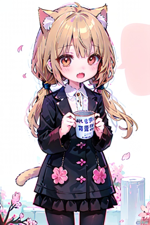 (chibi:1.3), 1girl, solo, cute, young sister, (blonde hair, low twintails hair), (jitome, fangs, open mouth, cat ears, cat tail), (girly outfits), background:park, (cherry blossoms, fluttering petals:1.3), beer, sake, 🍶🍺