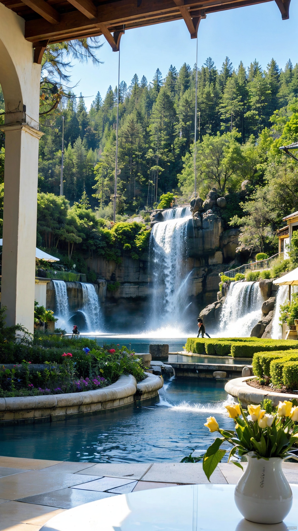 Wallpaper,fantasy hanging garden,blue sky,floating sea of flowers,colorful flowers,Crystal Fountain,HD Detail,Wet Watermark,Ultra Detail,Cinematic,Hyper Realism,Soft Light,Deep Field Focus Bokeh,Ray Tracing,Diffuse extra fine glass reflections and Hyper Realism