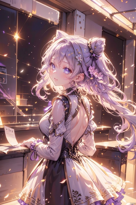 Keqing \(genshin impact\), pale purple hair, twintails, purple eye, cone hair bun, double bun, crossed bangs, ((ultra-detailed)), ((illustration)), (beautiful detailed eyes), arms_behind_back, ((classroom)), from behind