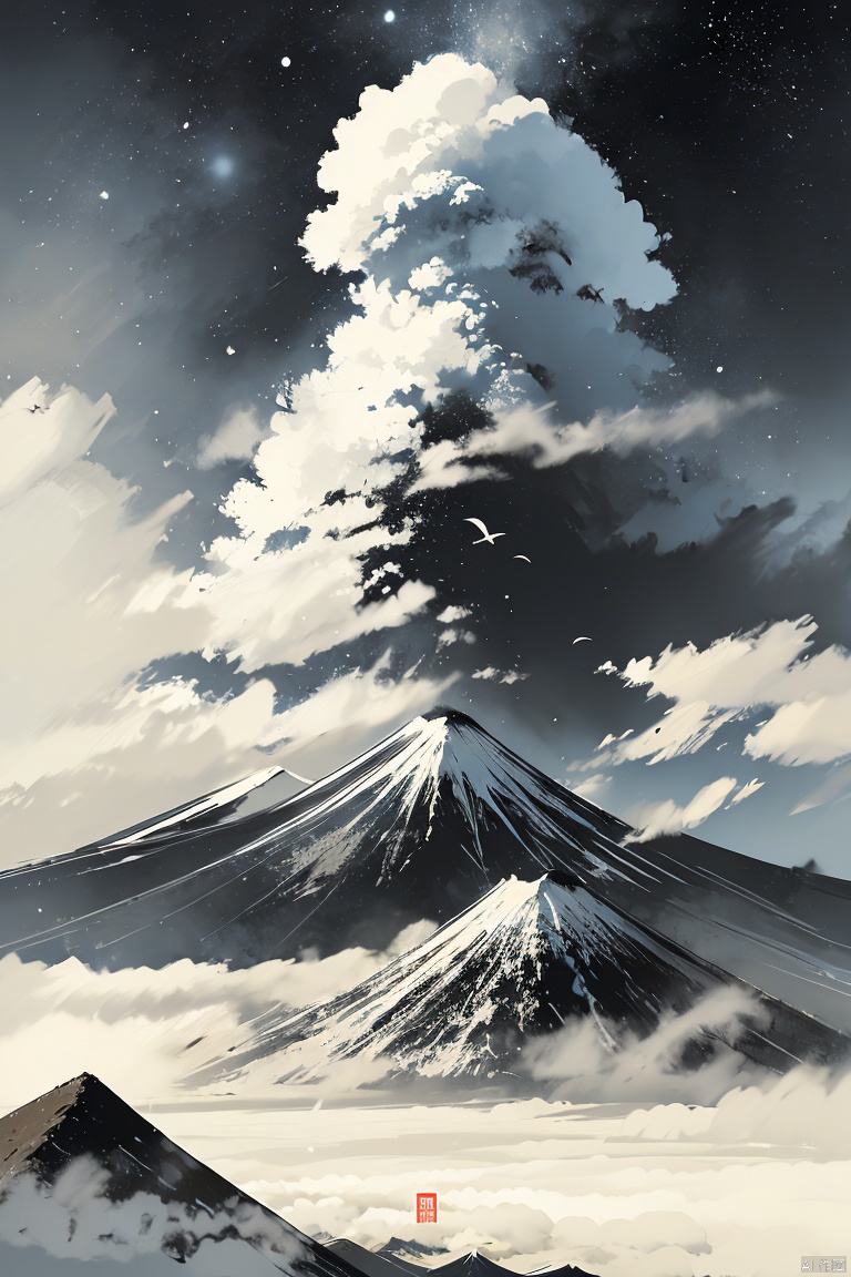 Gradient style illustration, illustration, starry sky, a Mt. Fuji, surrounded by lakes, birds, sunlight, flying snow