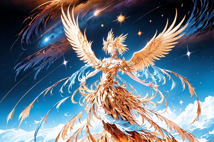  A majestic phoenix soaring through the cosmic sky, its iridescent feathers shimmering with vibrant colors of orange and gold. The bird is surrounded by swirling galaxies and celestial bodies, creating an otherworldly atmosphere. A small figure in blue stands at attention on a mountain peak below, looking up towards their legendary hero flying above them. This fantasy-inspired artwork captures both grandeur and emotion as it celebrates love's power toization, and a radiant woman made out of light stands next to it, embracing her lover in the style of the artist