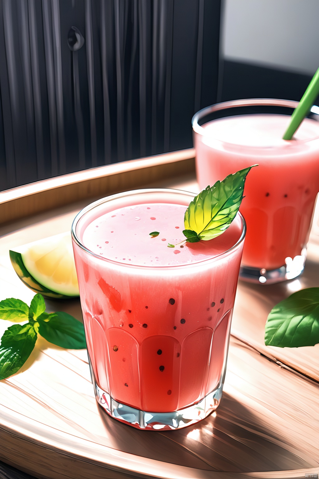 A glass of watermelon juice,pink,frozen effect,on a wooden tray,next to two lemons and mint leaves,green and red straws,super realistic food image,full theme shown in photo,Randy Post,hyper realistic & quot,hyper realistic & quot,high res photo