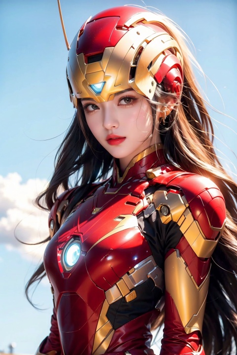 4k,realistic,carismatic,very detail,there is a girl on top sky,wearing iron man costum,she is a iron man,super hero theme,black long hair,25 years old,full body