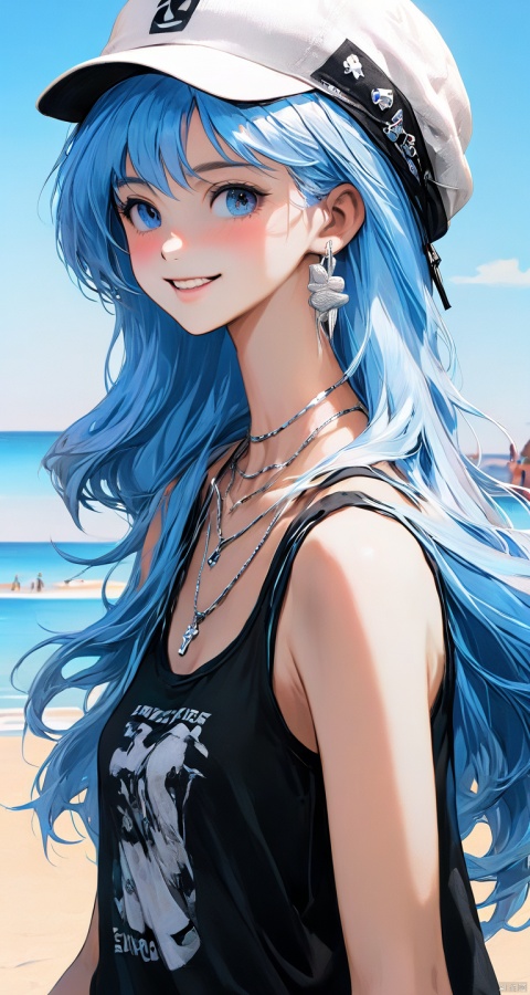 (light-blue hair:1.2),(Zaffre eyes color:1.1),long hair,straight hair,(black tank top:1.2),realistic lighting,beautiful lighting,raytracing,photorealistic,(hyperrealistic:1.2),cheerful,smile,(white hat:1.2),silver necklace,high heels,(on the beach:1.2)