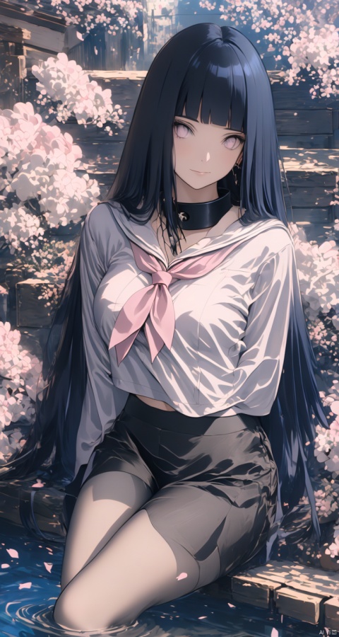  1girl, solo, long_hair, pink_hair, cherry_blossoms, skirt, very_long_hair, ripples, school_uniform, twintails, black_skirt, reflection, serafuku, from_above, neckerchief, shirt, pleated_skirt, pink_eyes, sailor_collar, long_sleeves, black_shirt, flower, black_serafuku, sitting, water, looking_up, bangs, looking_at_viewer, petals, closed_mouth, black_sailor_collar