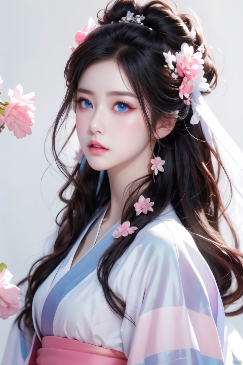 masterpiece, best quality, anime style, white theme, 1girl, white streight long hair, blue eyes, white skin, iridescent eyes, pink lips, white kimono, focus on face