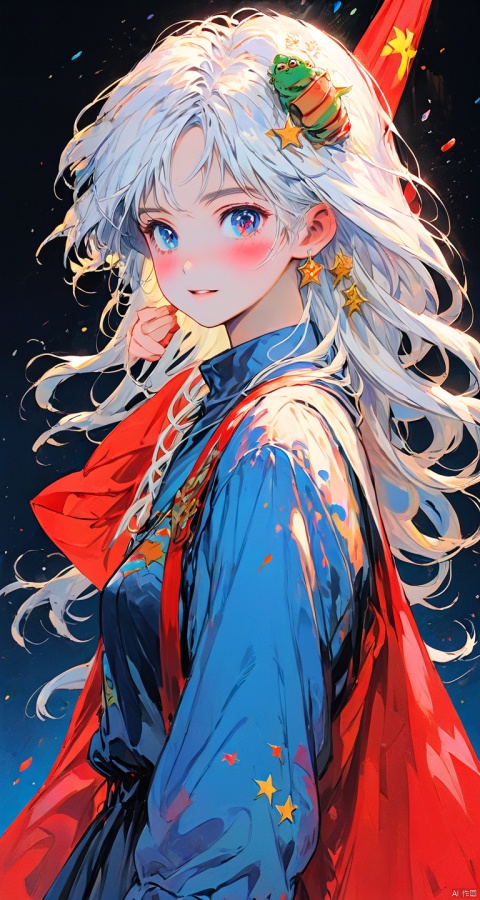  (ultra detailed, High quality ,best quality, High precision, Fine luster, UHD, 16k), Starry sky, tears, debris, flying, a girl, white hair, long hair, blue-eyed girl, waving a red flag, a Soviet poster several meters, horror, dreams, panorama,shenshou,ussrart, tqj-hd，1girl,burger color,beautiful girl,frog,open mouth smile,side light,light particles,avatar