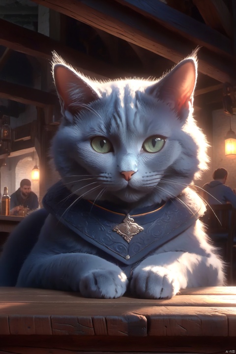  modelshoot style,8k,portrait of a cute grey\(russian blue\) cat sitting on a wooden table in a medieval tavern,detailed fur,trending on ArtStation,trending on CGSociety,Intricate,High Detail,Sharp focus,dramatic lighting,digital painting,digital art,by artgerm,by Liang Xing,by WLOP