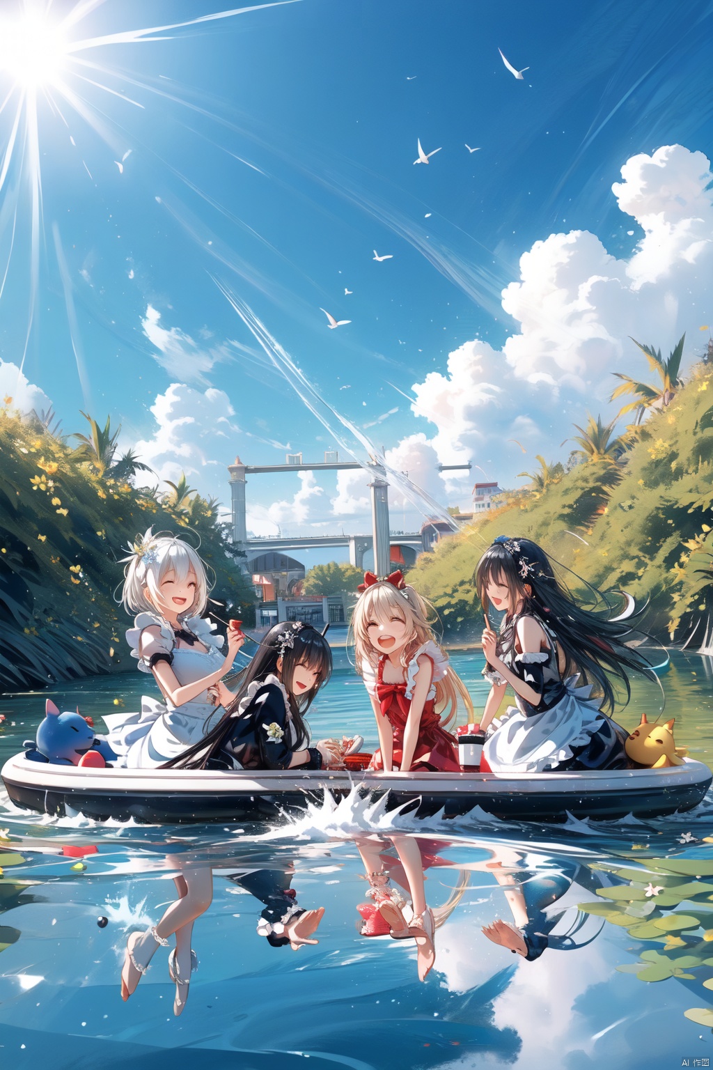  4+ girls, multiple colored hairs, sweet maids, random cute faces, super happy smiling, laughing,group shot, zoom camera, sweet tea party,lots of cakes, macarons, chocolates, parfaits, cookies, land of sweets，(masterpiece, best quality), 3boys, playing in water, lake full of flowers, clouds, sun, blue sky, good face, laughing, splashing, having fun, enjoying, water gun