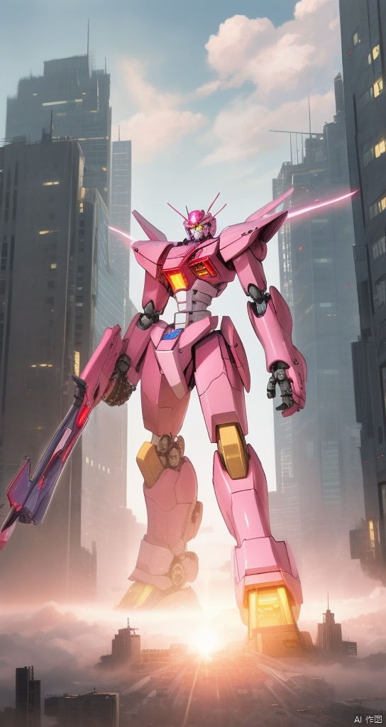 sky,cloud,holding weapon,no humans,glowing,robot,building,glowing eyes,mecha,science fiction,city,realistic,light pink mecha