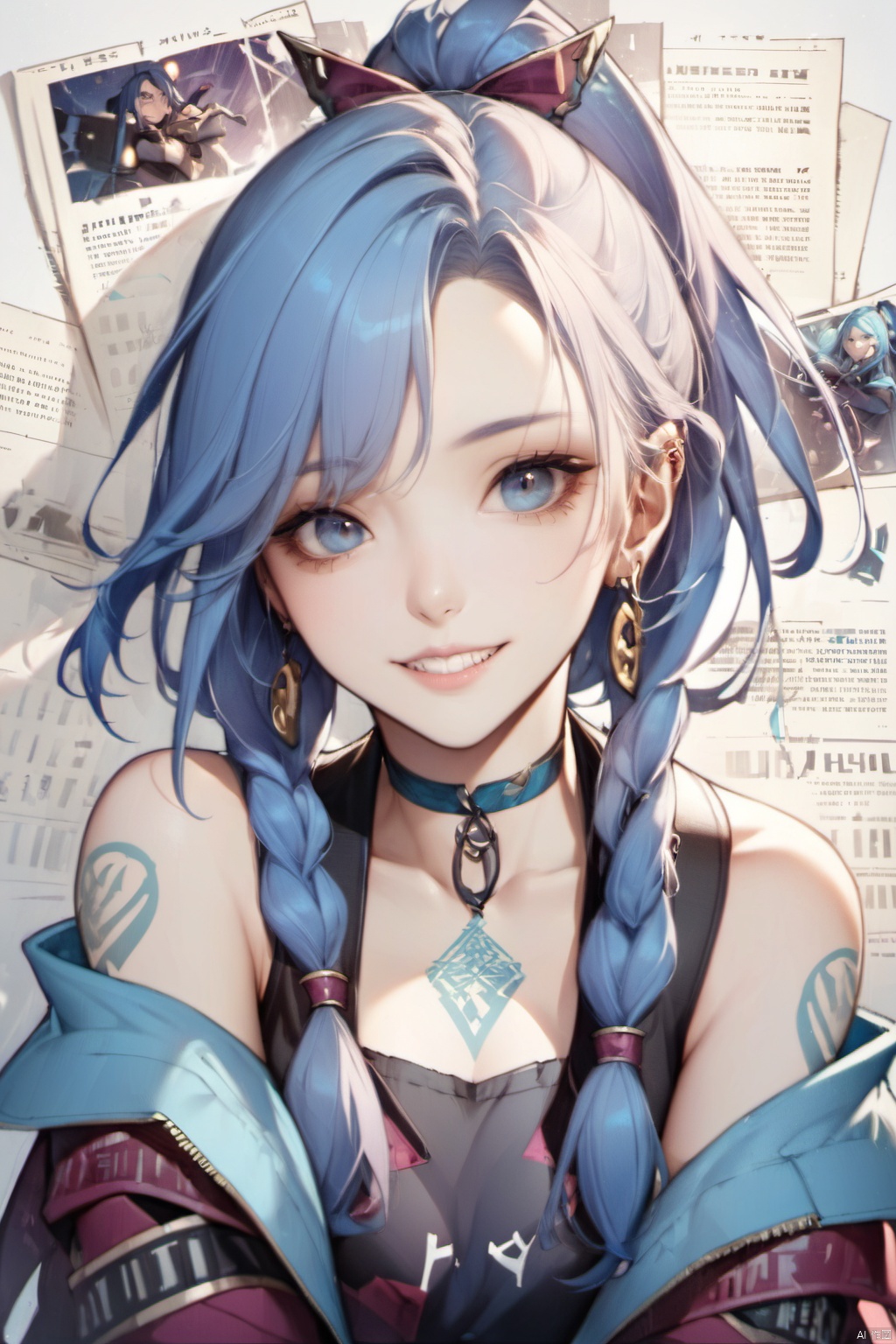  1girl, solo, long hair, looking at viewer, smile, bangs, blue eyes, gloves, bare shoulders, jewelry, blue hair, upper body, earrings, teeth, choker, black gloves, fingerless gloves, grin, twin braids, tattoo, brown gloves, head rest, asymmetrical bangs,braided ponytail,shoulder tattoo, jinx \(league of legends\)forehead,ponytail,