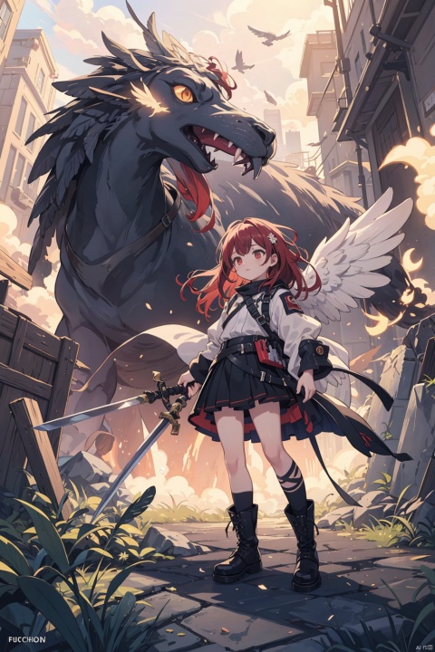  arknights,official art,extremely detailed CG unity 8k wallpaper,((masterpiece)),(((best quality))),((ultra-detailed)),((illustration)), ((disheveled hair)),self-possessed,Phoenix,(personification),red hair,(feathers),(guard),fire,(sword),(boots),bird tail,glove,Many islands are suspended in the air with many small airships flying around,cities,fantasy,magical plants growing,extreme details,realistic light,epic composition,(complex details),(complex design),(ultra-details:1.2),Art Station,(Masterpiece),(Best Quality),Ultra HD,32k