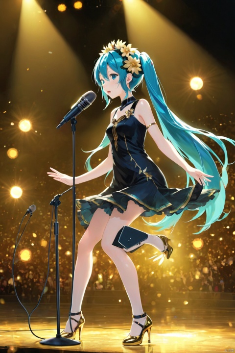 ps \(medium \), 1 girl, high quality, best quality, Hatsune Miku, blue hair, small breasts, long hair, (prominent pupil :1.2), (long black dress 1.8, flower, gilt decoration, high heels, floral headdress), (Singing, microphone, holding microphone in both hands, sad mood), (stage, large outdoor stage, dim, Spotlight, breeze, fluttering hair), (whole body 1.8), night, stretch legs, (face :2.0), (side face 1.8), pose, (playing electricity guitar:1.4), (Passers-by, spectators, blur:1.3)