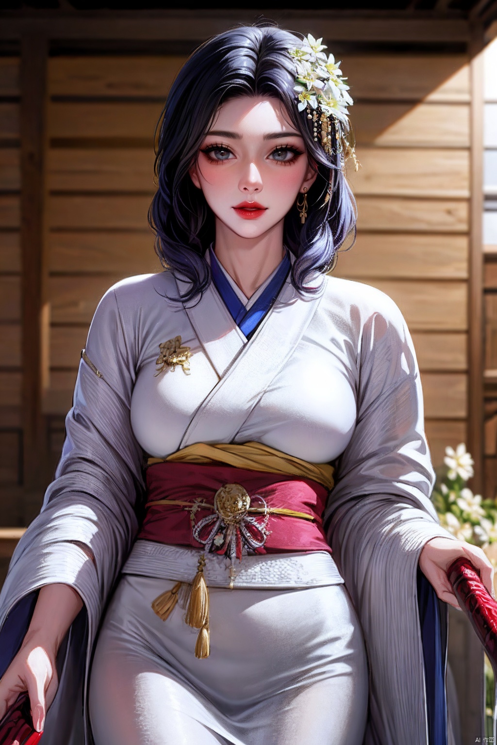  a beautiful anime character with an ornate costume poses amid blooming daisies, 1girl, flower, solo, hair ornament, holding, black hair, hair flower, looking at viewer, kimono, japanese clothes, red lips, holding weapon, weapon, sash